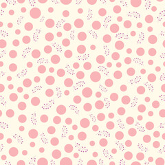 Seamless polka dot floral pattern with pink dots and Botanical Stem with Round Berries. soft pastel pink background, perfect for textiles, gift wrap and wallpaper designs.