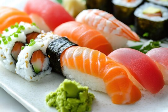 Assorted sushi platter with salmon rolls