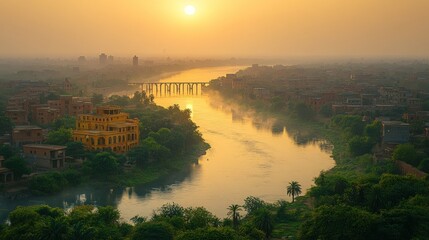 Fototapeta premium Sunrise over a river winding through a city. Golden hour light bathes the cityscape and river in warm tones. Misty atmosphere creates a serene ambiance
