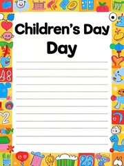 Fototapeta premium Colorful Children’s Day poster featuring “Children’s Day” text at the top, decorative floral border framing vibrant color blocks, and a blank lower half reserved for custom messages