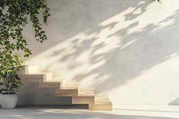 Wooden stairs against a light wall with plants and sunlight shadows