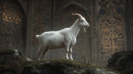 Fototapeta premium White goat stands on ancient stone formations.