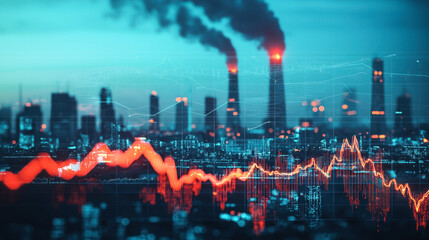 Graph overlay on a cityscape with smokestacks emitting pollution