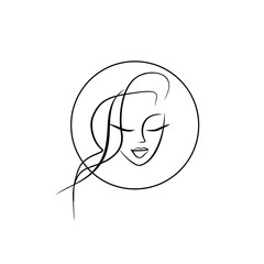 young woman face - vector logo in circle for beauty salon or hairdresser in minimalism flat style. silhouette lush hairstyle, eyelashes and lips for cosmetology.