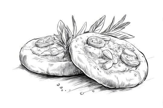 Sketchy Bites Mini Pizzas with Herbs  Artistic Food Illustration.