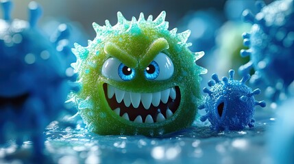 3D cartoon of a joyful green sugar ball with tears, surrounded by angry blue virus cells 