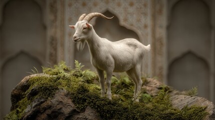 Fototapeta premium White goat standing on mossy rocks in ornate setting.