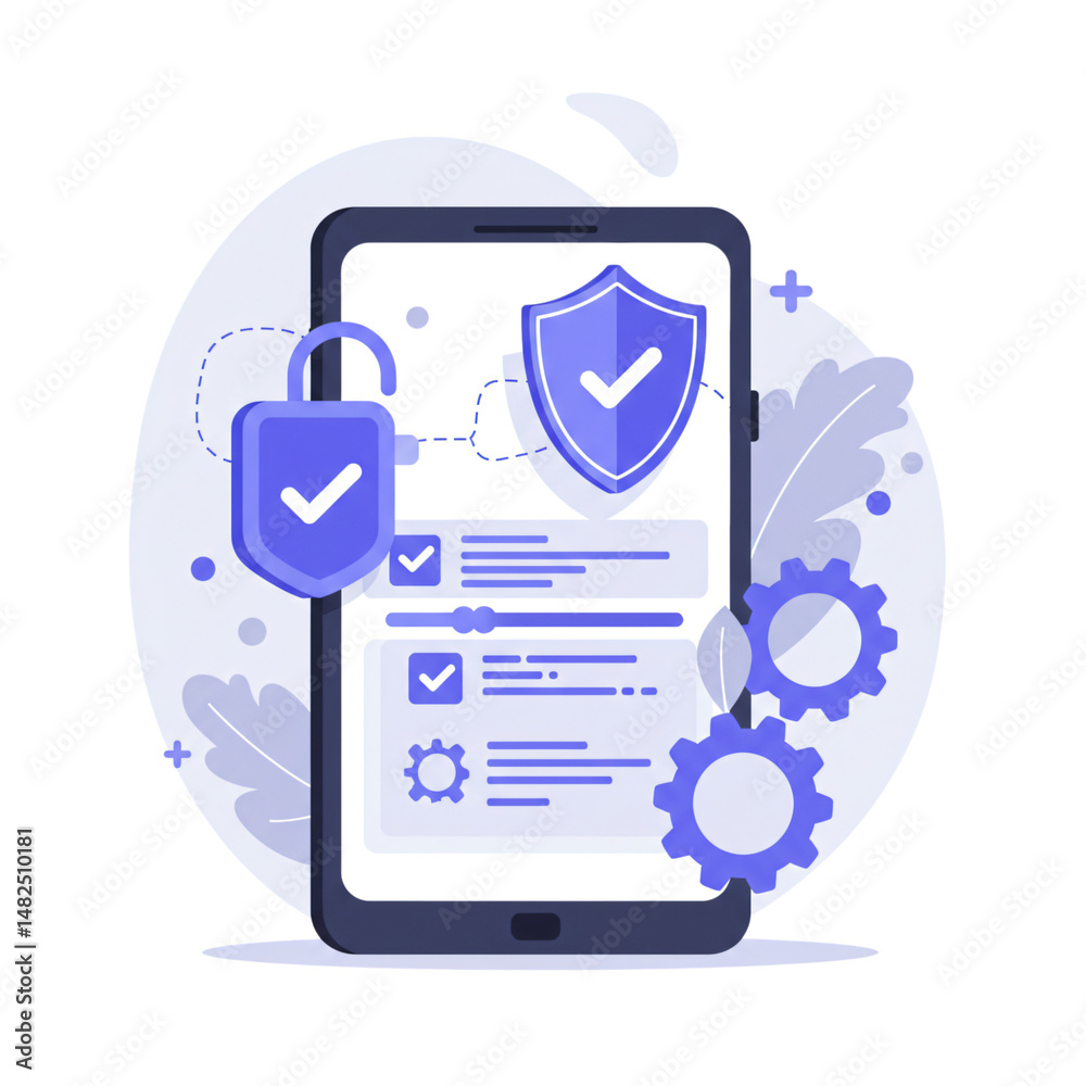 Poster secure computer monitor display abstract concept design. digital data shield and gear icon graphic a