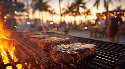 Grilled steaks on an open-air grill at sunset.  Delicious steaks cooking over flames,  with blurred background of a lively outdoor party setting