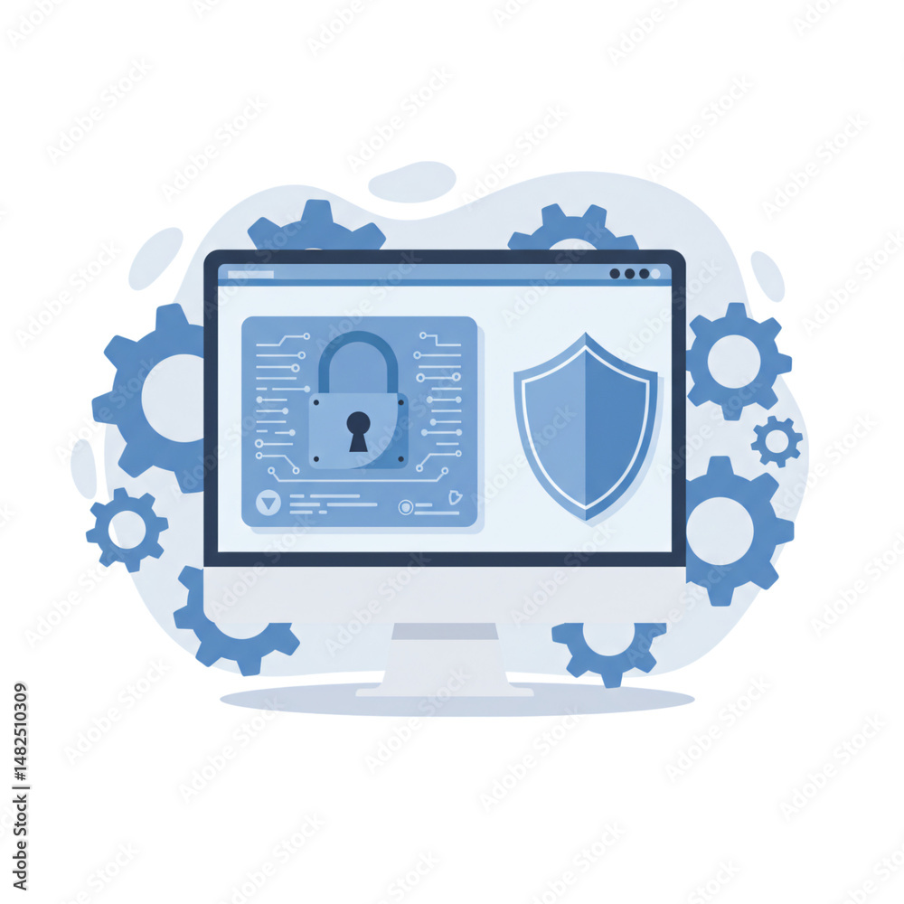 Poster secure computer monitor display abstract concept design. digital data shield and gear icon graphic a