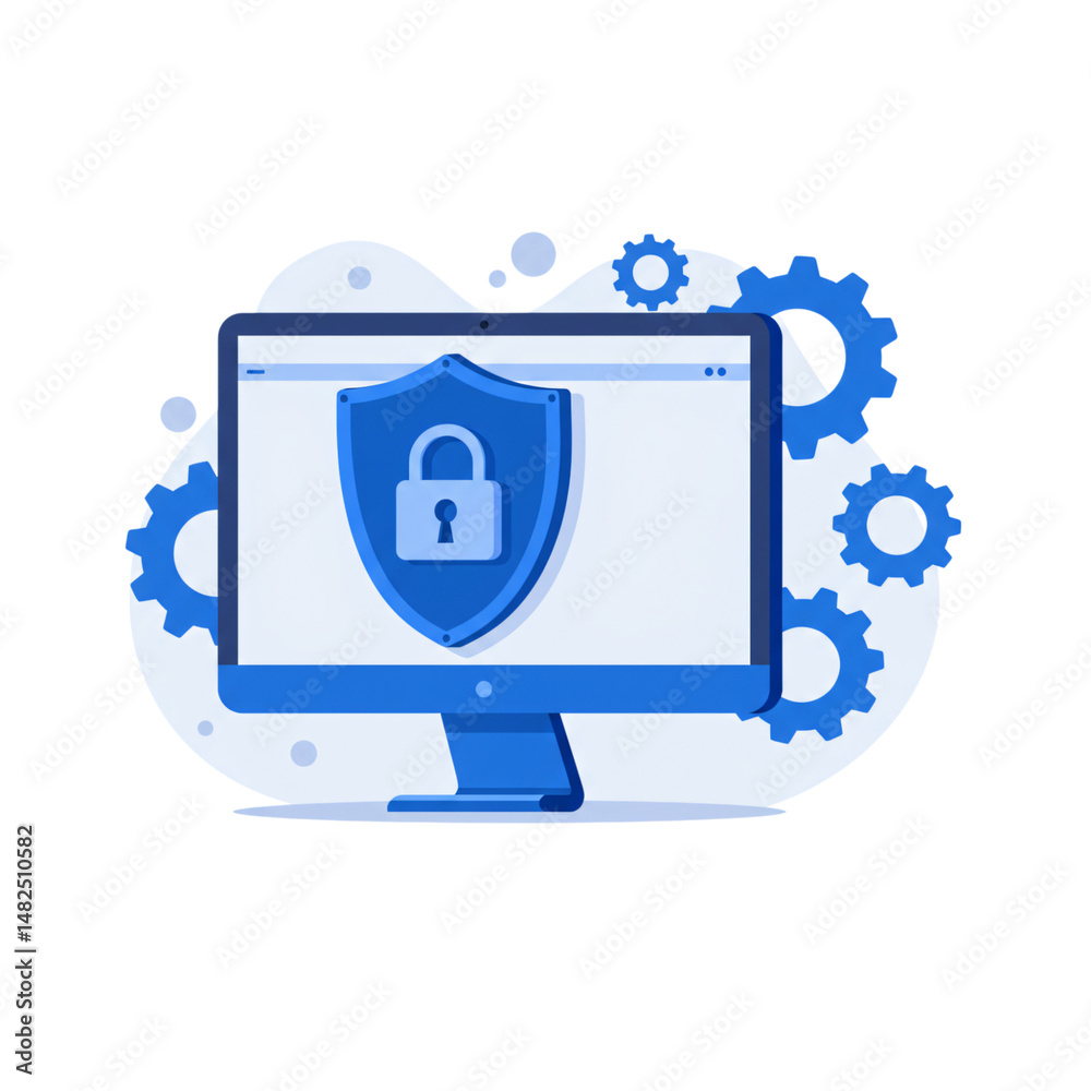 Fototapete secure computer monitor display abstract concept design. digital data shield and gear icon graphic a