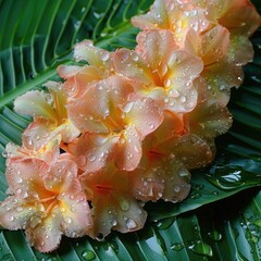 Close-up of an intricate flower lei made of orchids and plumeria, lying on green banana leaves with dewdrops shimmering.