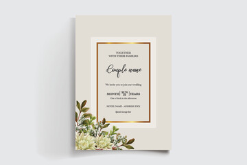 WEDDING INVITATION FRAME WITH FLOWER DECORATIONS AND FRESH LEAVES