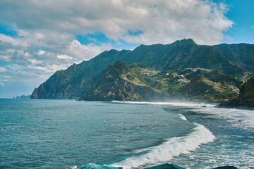 Rocky Coast of Madeira with Powerful Ocean Waves. Nature's raw beauty. Landscapes and endless sea views for adventure, serenity