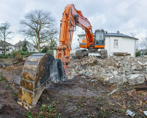  Excavator stands on construction site. construction company, demolition concept.