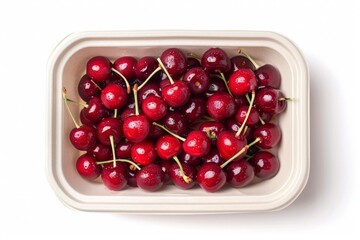Fresh Red Cherries in Eco-Friendly Container on White Background