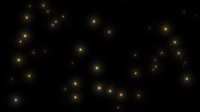 Glowing flying gold fireflies magic sparkles floating particles enchanted forest dust looping on black background.