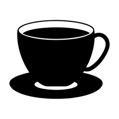 Simple black and white illustration of a coffee cup with a saucer