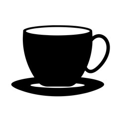 Black silhouette of a coffee cup and saucer on white background