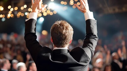 Successful businessman celebrating victory at corporate event with bright lights and applause.