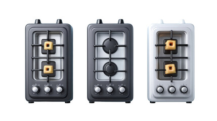 Fototapeta premium Three modern gas stoves in various colors with food cooking, set against a clean kitchen backdrop