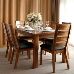 Elegant Dining Table with Wooden Chairs and Floral Centerpiece in a Modern Home Interior