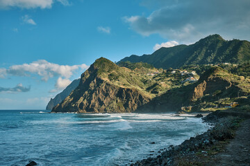 Rocky Coast of Madeira with Powerful Ocean Waves. Nature's raw beauty. Landscapes and endless sea views for adventure, serenity