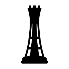 Minimalist black silhouette of a rook chess piece on white background