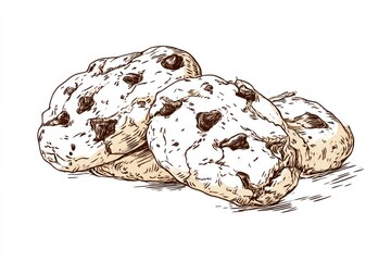 Yummy Chocolate Chip Cookies Handdrawn sketch on white with sweet treat art.