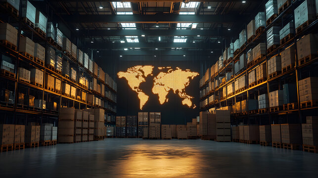 Global logistics network concept with illuminated world map and stacked cargo boxes in warehouse