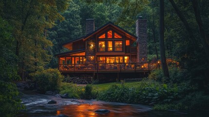 Fototapeta premium Cozy log cabin nestled beside a serene river at dusk, warm interior lighting illuminating the home.