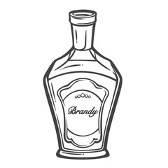 Brandy bottle with decorative label in doodle outline style. Hand drawn alcohol drink element. Vector illustration for bar decor, packaging, or branding design.