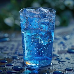 Close-up shot of a glass filled with blue sports drink over ice cubes, droplets of condensation on the glass, sitting on a granite surface.