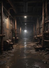 Dark, damp cellar with exposed pipes & rusted machinery,  neglected,  old