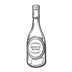 White wine bottle with tall neck and oval label in doodle outline style. Hand drawn alcohol drink element. Vector illustration for menu, packaging, or winery branding.
