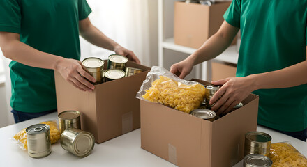 People Packing Boxes with Food Items for Charity in a Bright Room with White Table and Green Shirts