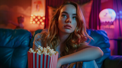 A young woman watching tv with popcorn in a dimly lit room with blue and pink lighting at nighttime