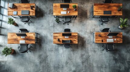 Modern Office Workspace with Wooden Desks and Minimalist Decor