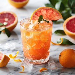 Cold glass of freshly squeezed grapefruit juice with ice cubes, garnished with an orange peel twist, placed on a chilled marble surface.