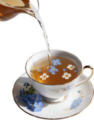 Vintage Floral Tea Cup with Herbal Tea and Floating Blue Flowers &ndash; Elegant High Tea Concept isolated on white transparent background clipart PNG
