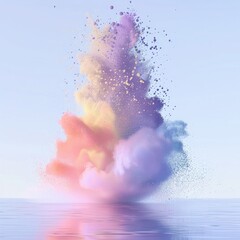 Colorful powder splash frozen in the air with vivid hues spreading across a white backdrop, creating texture.