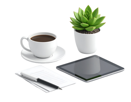 Workplace essentials: A visually appealing setup featuring a succulent, coffee cup, tablet, notepad, and pen, symbolizing productivity and inspiration