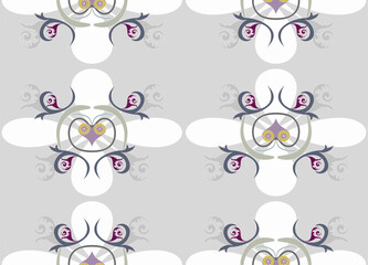 Colored swirls resembling stylized plants, on a gray background.