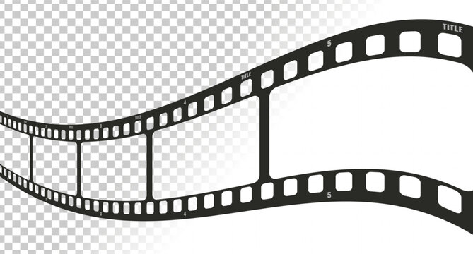 Long movie filmstrip in perspective on transparent background. Realistic film tape ribbon. Vector illustration