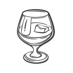 Brandy glass with one ice cube in doodle outline style. Hand drawn alcohol drink element. Vector illustration for bar menu, cocktail design, or pub decor.