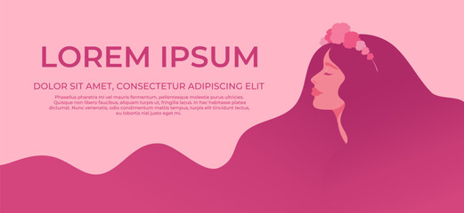 Banner with beautiful long haired woman in flower wreath. Woman with long flowing hair. Vector illustration