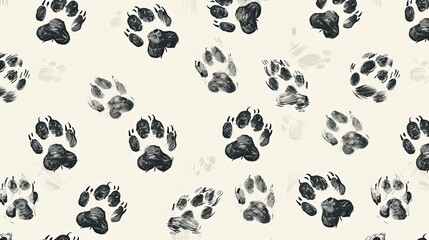 Fototapeta premium Animal paw prints pattern Light beige background