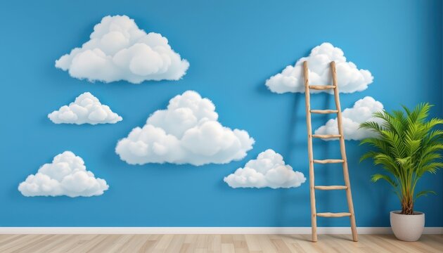 ladder reaching for soft clouds on blue wall representing dreams and aspirations in creative space conceptual image inspirational branding content modern aesthetic