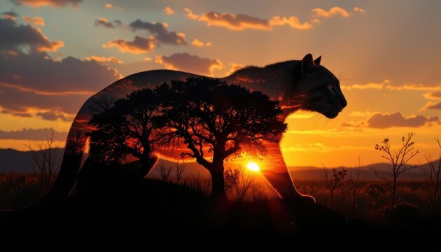 creative depiction of a leopard with a vibrant landscape inside its silhouette at sunset, double exposure effect, wildlife art, high resolution, suitable for artistic and nature themed content