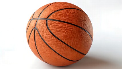 Fototapeta premium A single orange basketball with black lines on a white background in a studio setting for sports use